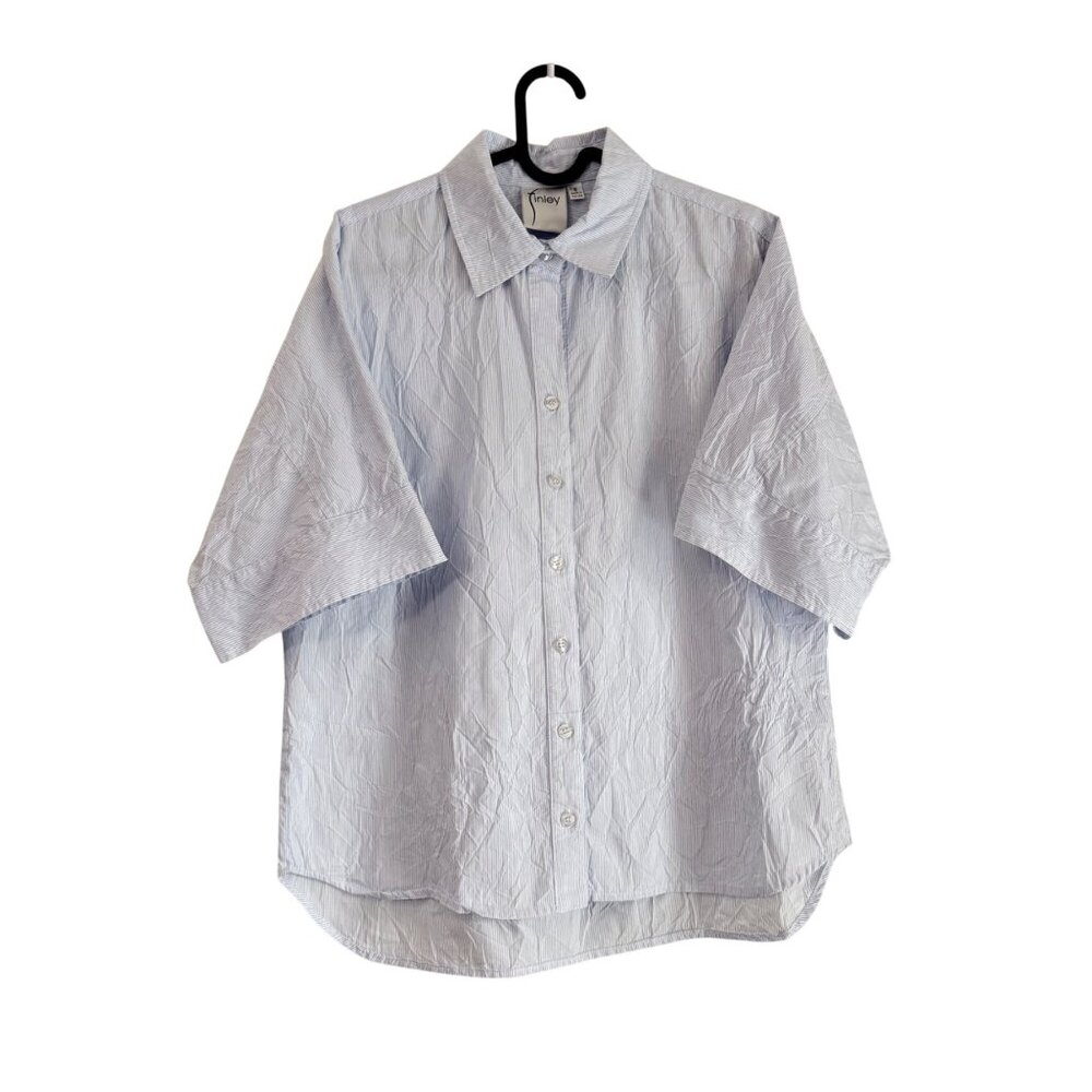 Finley Blue Crushed Pinstriped Boxy Short Sleeve Button Shirt Womens Small